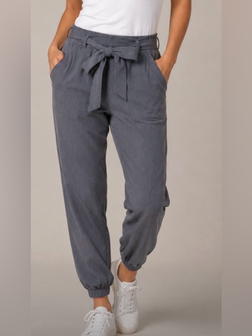 Cream Women’s Gray Tie-Waist Pants Trousers Joggers